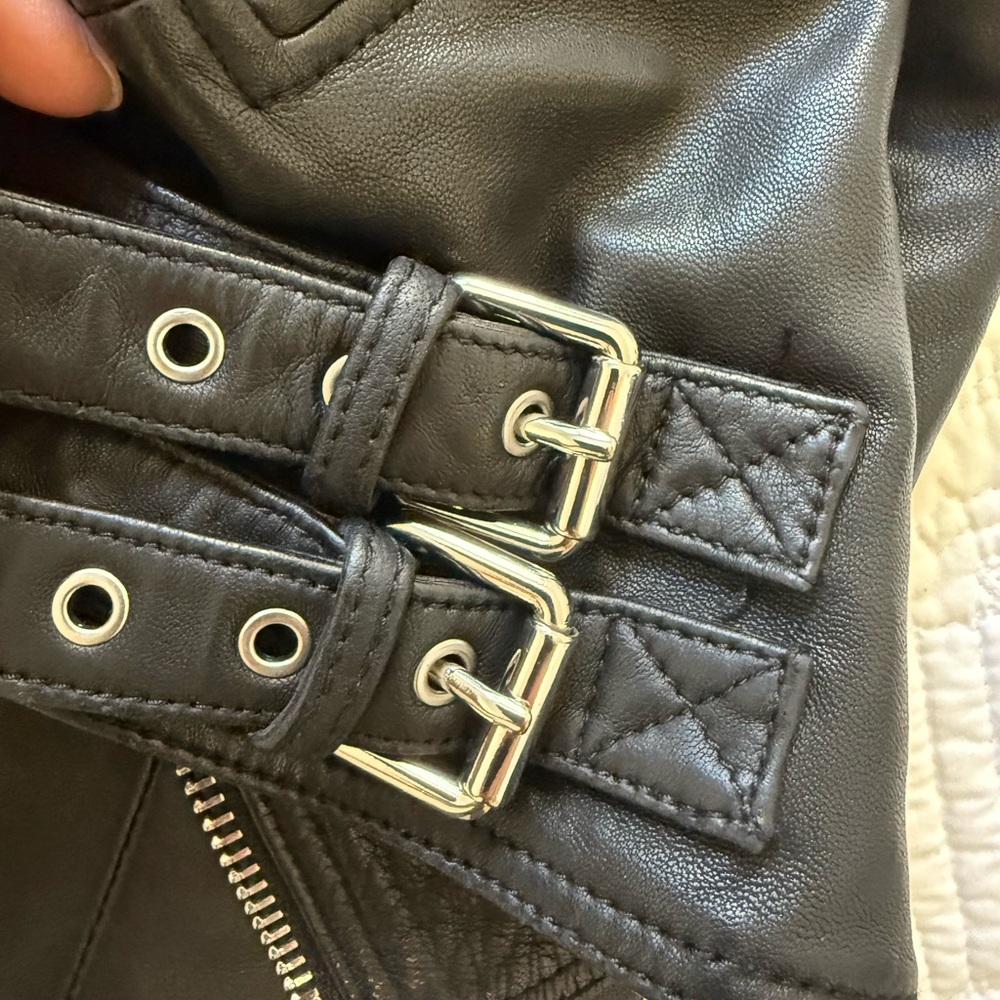 All Saints Black Leather Moto Jacket with Quilted Details - Picture 9 of 9